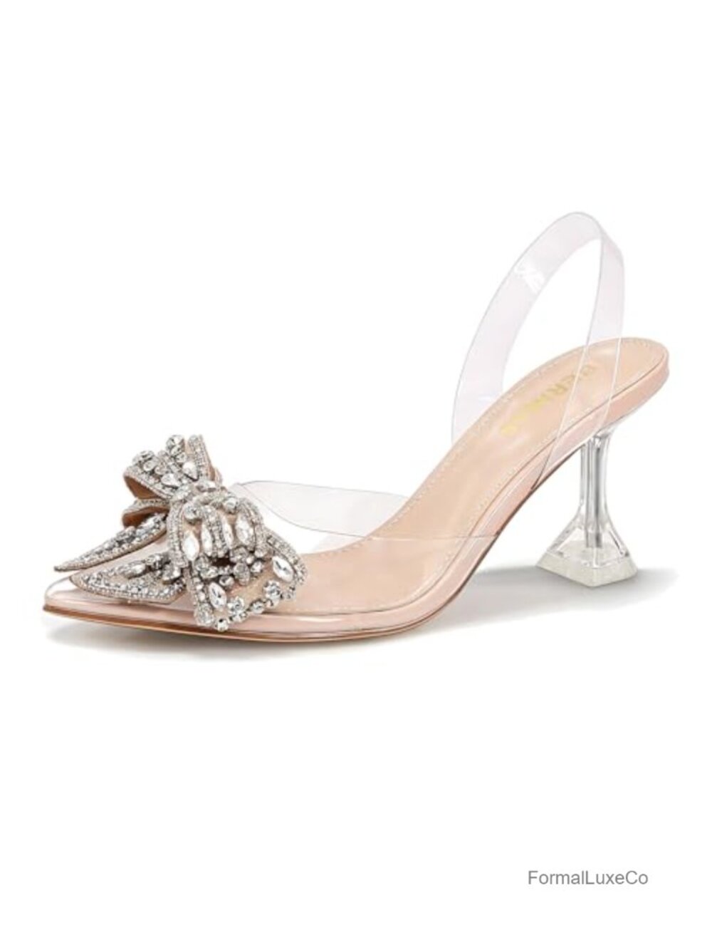 Crystal Bow Clear Slingback Kitten Heel Pumps Pointed Toe 3-inch Heel Cushioned
